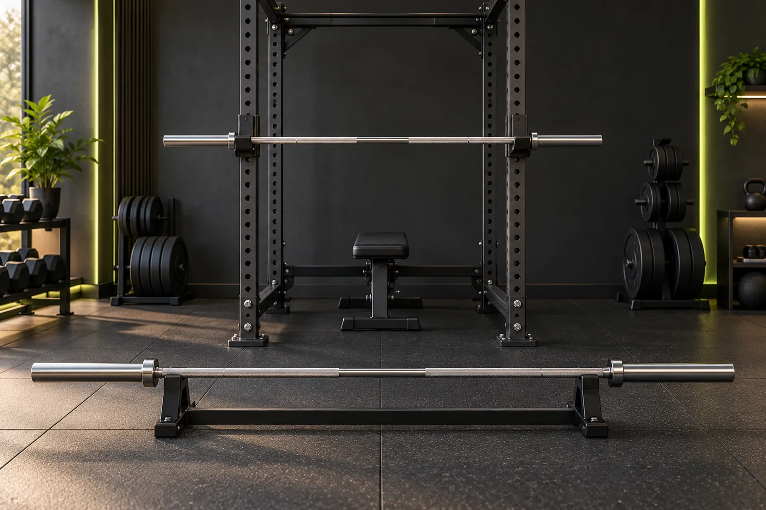 AI illustration of a short bar across a power rack and a longer bar on a separate low cradle.