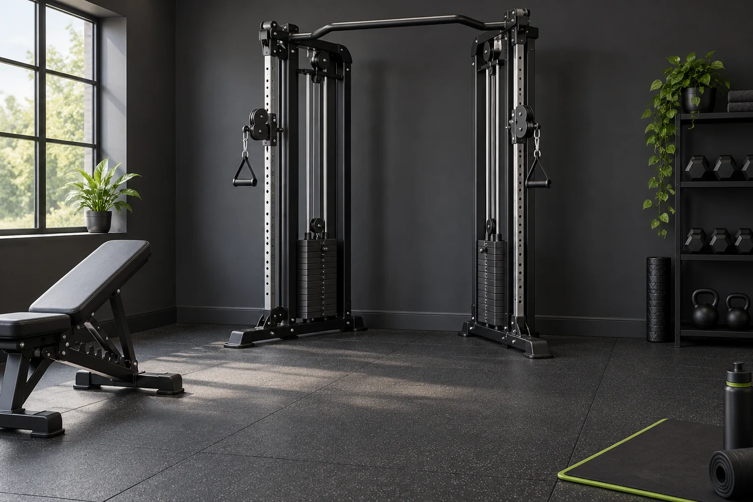 AI illustration of a dual-stack cable trainer with open floor space in front and a bench parked to the side.