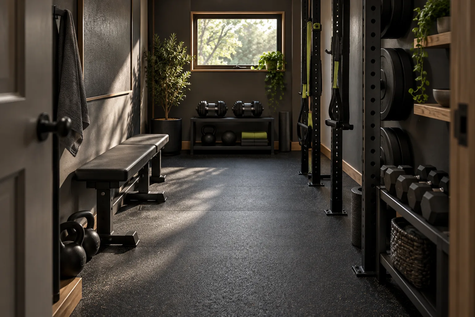 Narrow workout room with a bench, dumbbells and wall storage.