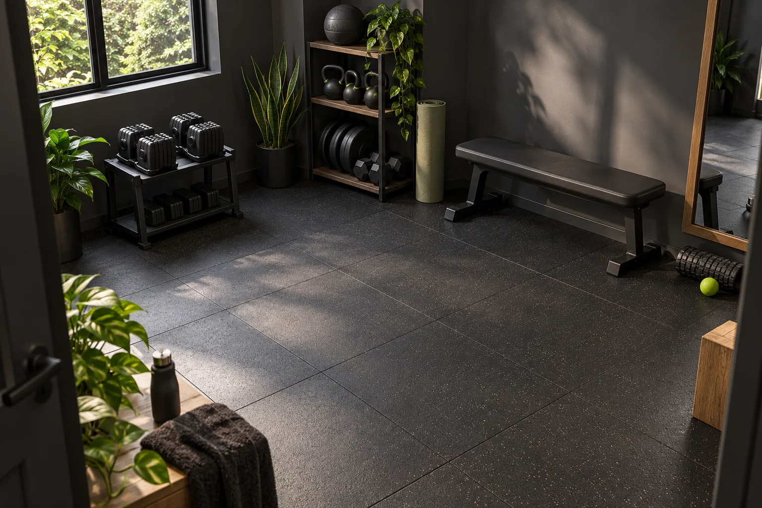 Small square workout room with a bench, dumbbells and open floor space.
