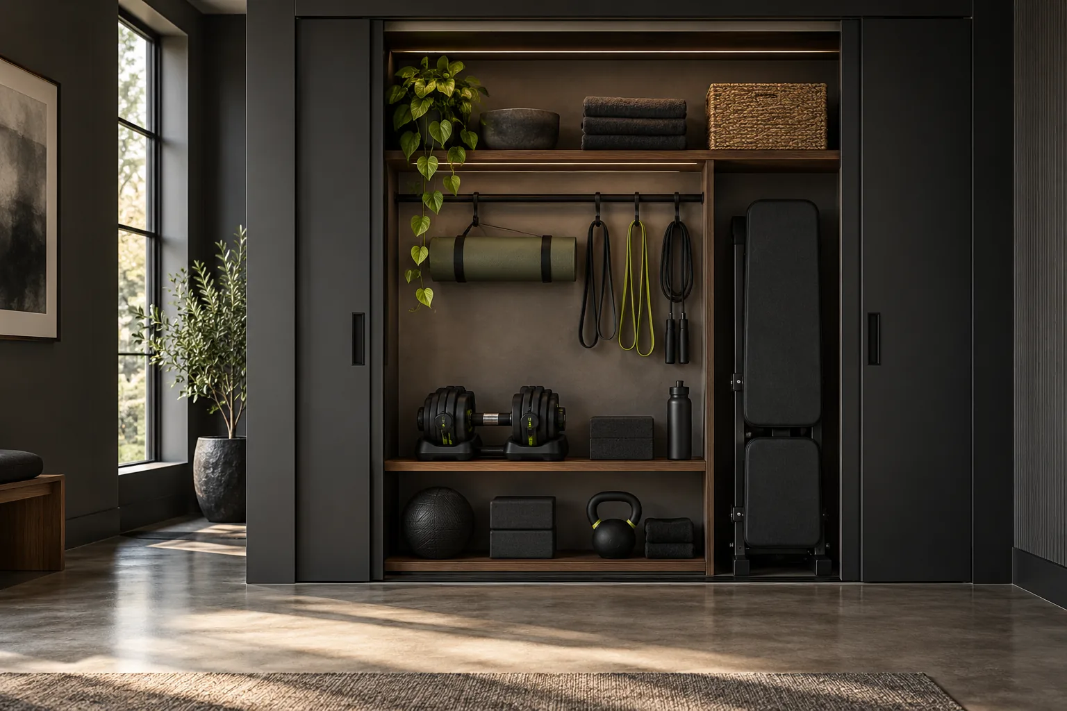 Open workout closet with dumbbells, a rolled mat and hanging bands.