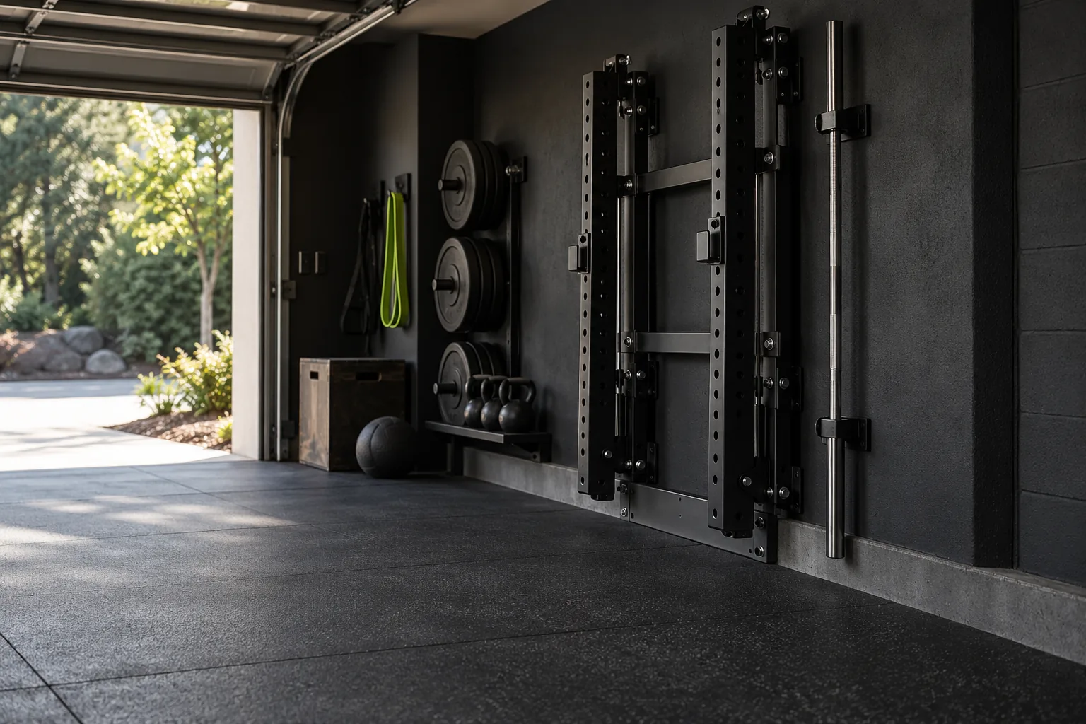 Folded wall rack beside an open garage walkway.