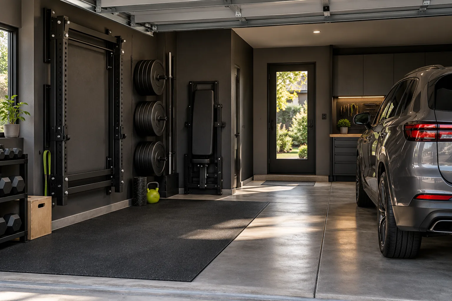 Garage with a parked car, folded wall rack and stored bench.