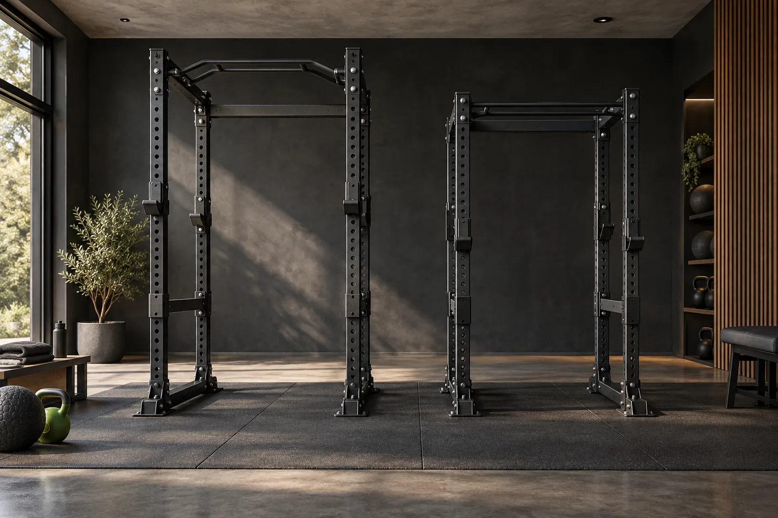 Two black power racks of different heights beneath a flat ceiling.