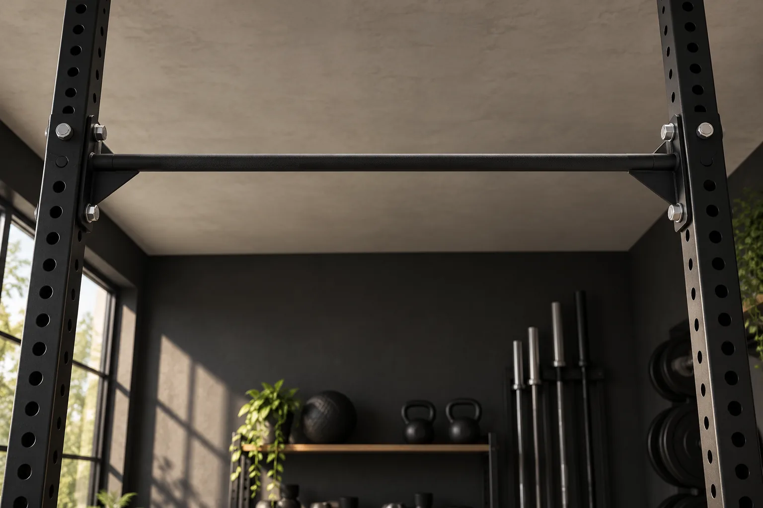 Pull-up bar between rack uprights with the ceiling visible above.