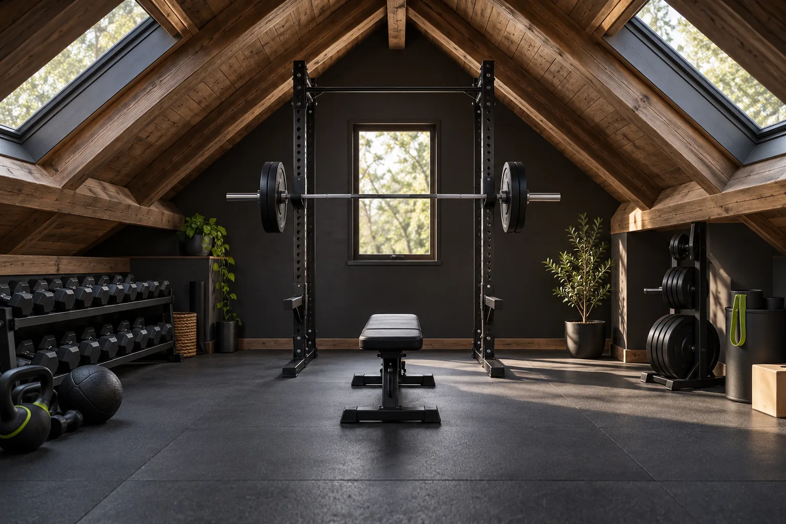 Attic workout room with a squat stand beneath the high part of a sloped ceiling.