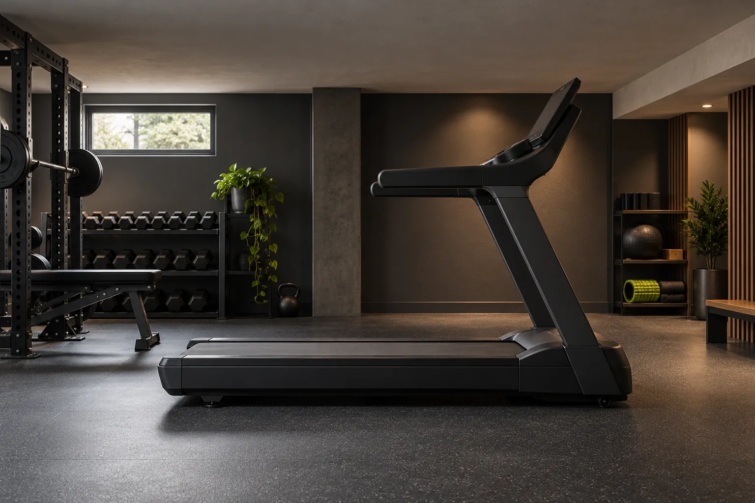 Side view of a treadmill beneath a low, flat basement ceiling.
